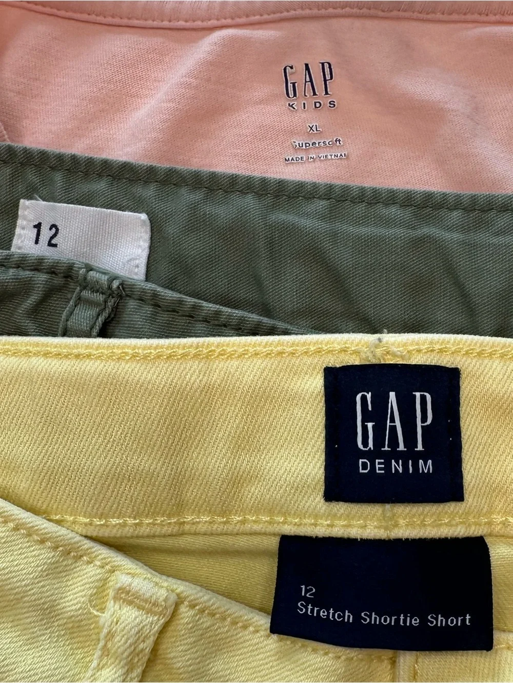 GAPKids Peach Sequins T-Shirt Yellow Jean Shorts Green Chino Girls Size 12